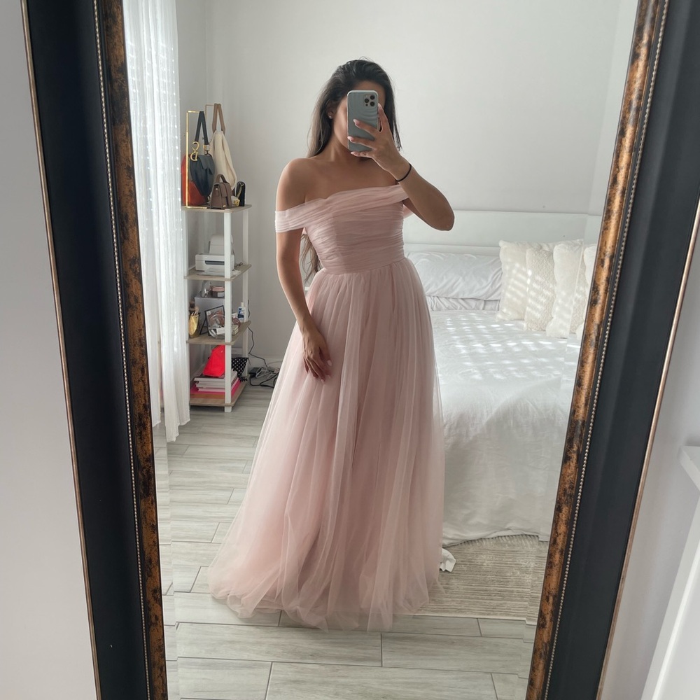 Dusty Blush Pink Off Shoulder Tulle Formal Maxi Gown Size 2